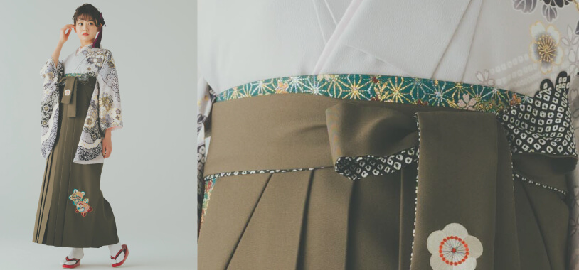 緑色の袴下帯を合わせた卒業式のレンタル袴