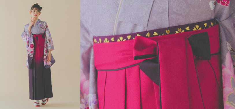 紫色の袴下帯を合わせた卒業式のレンタル袴