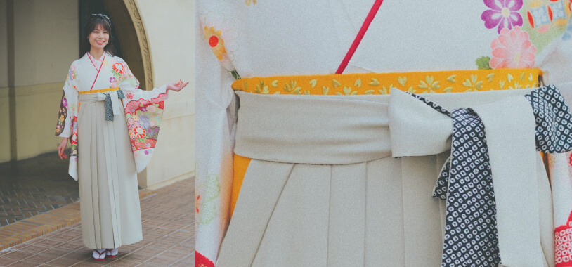 黄色い袴下帯を合わせた卒業式のレンタル袴