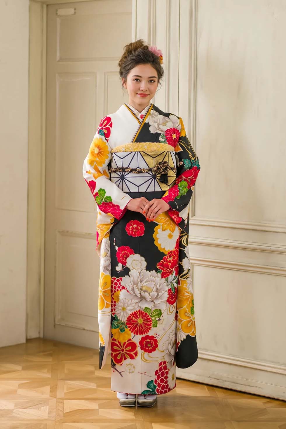 成人式振袖「黒地に紅白ぼたん菊［FS1083］」