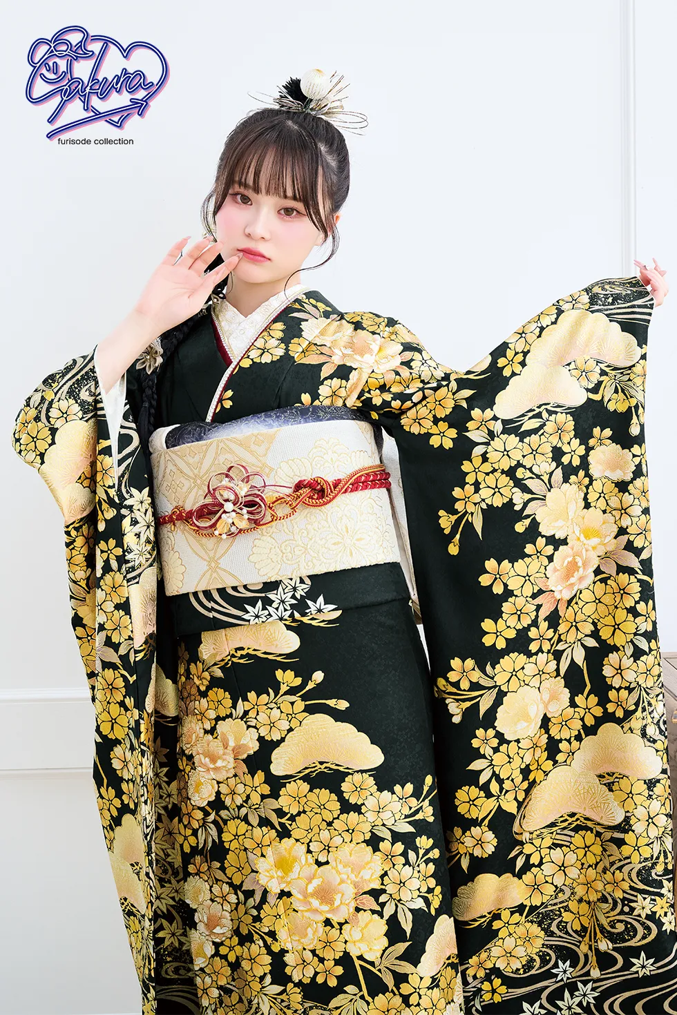成人式振袖レンタルふりそでエイト｜深緑地金牡丹に桜流水［FR5042］