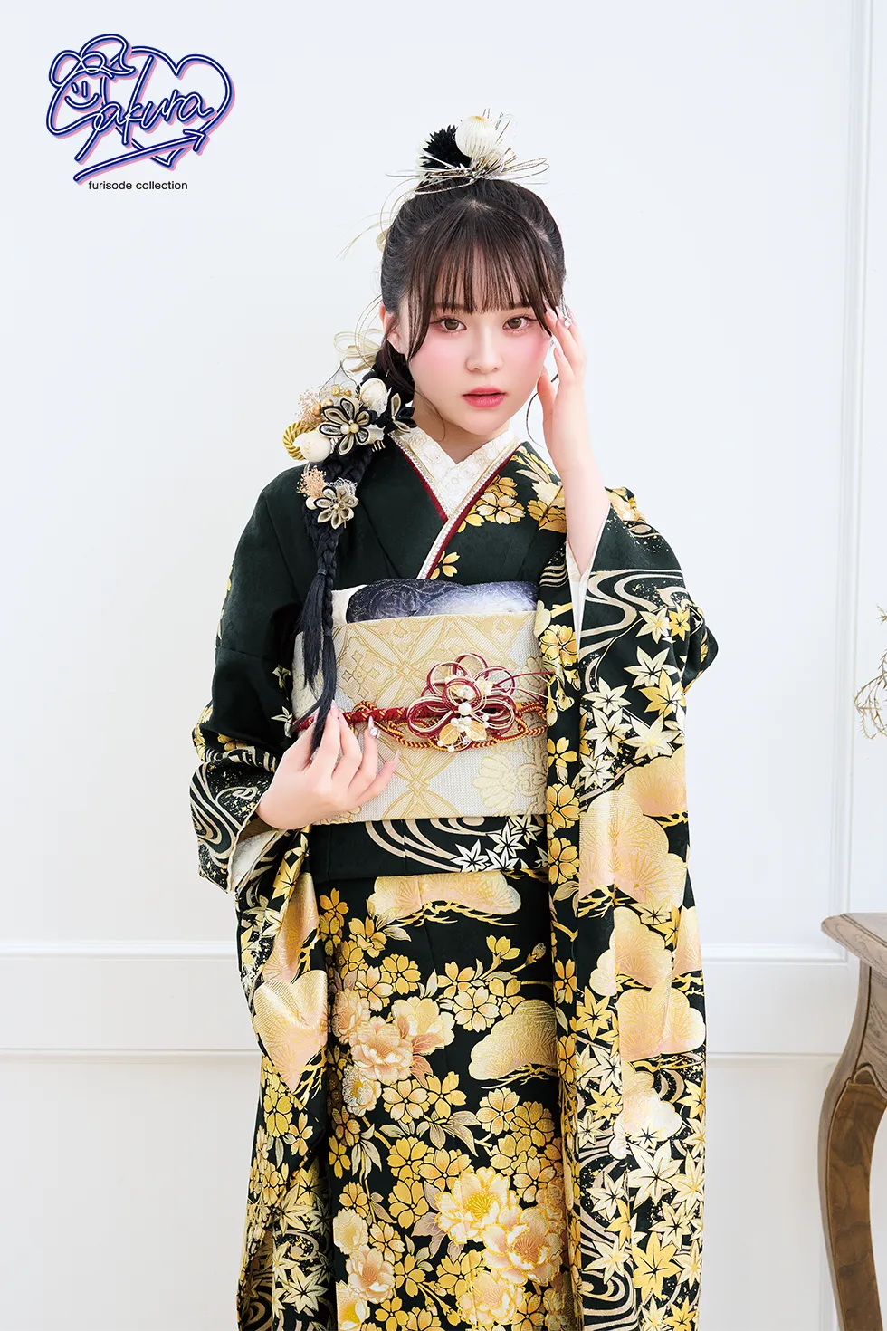 成人式振袖レンタルふりそでエイト｜深緑地金牡丹に桜流水［FR5042］