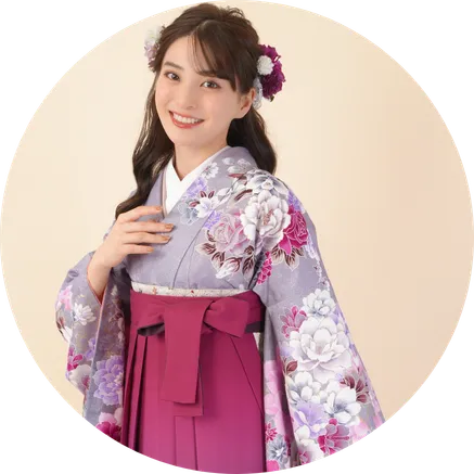 卒業式袴レンタル｜着物：ラベンダー洋花　袴：ワインぼかし